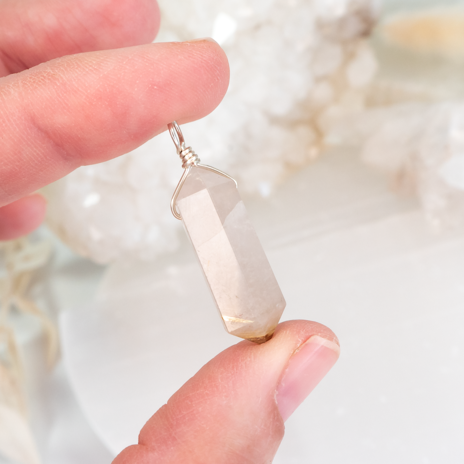 Large Double Terminated Golden Rutilated Quartz Crystal Pendant