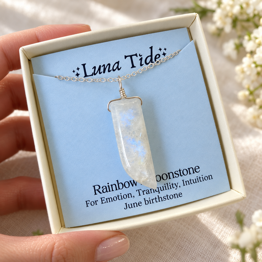 Smooth Rainbow Moonstone Natural Point Crystal Necklace