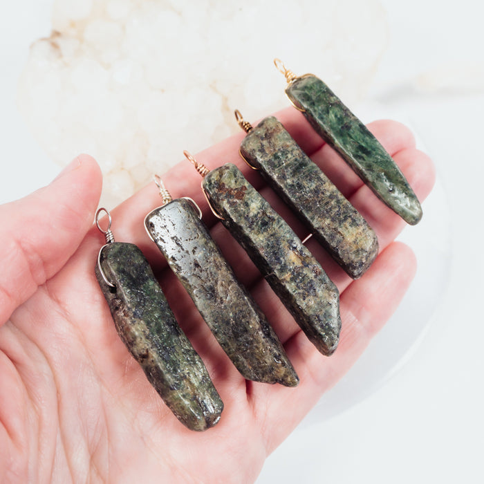 Raw Natural Green Kyanite Crystal Slice Point Pendant