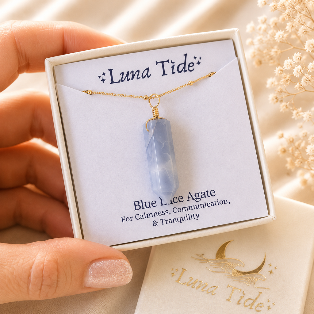 Blue Lace Agate Crystal Generator Point Pendant Necklace