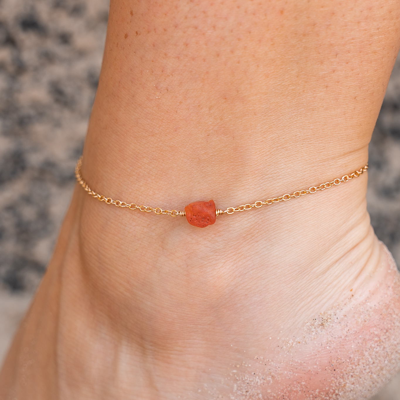Raw Carnelian Crystal Nugget Anklet - Raw Carnelian Crystal Nugget Anklet - 14k Gold Fill - Luna Tide Handmade Crystal Jewellery