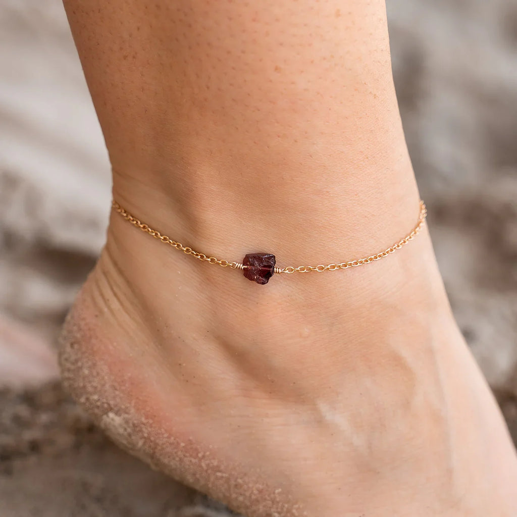 Raw Garnet Crystal Nugget Anklet - Raw Garnet Crystal Nugget Anklet - 14k Gold Fill - Luna Tide Handmade Crystal Jewellery