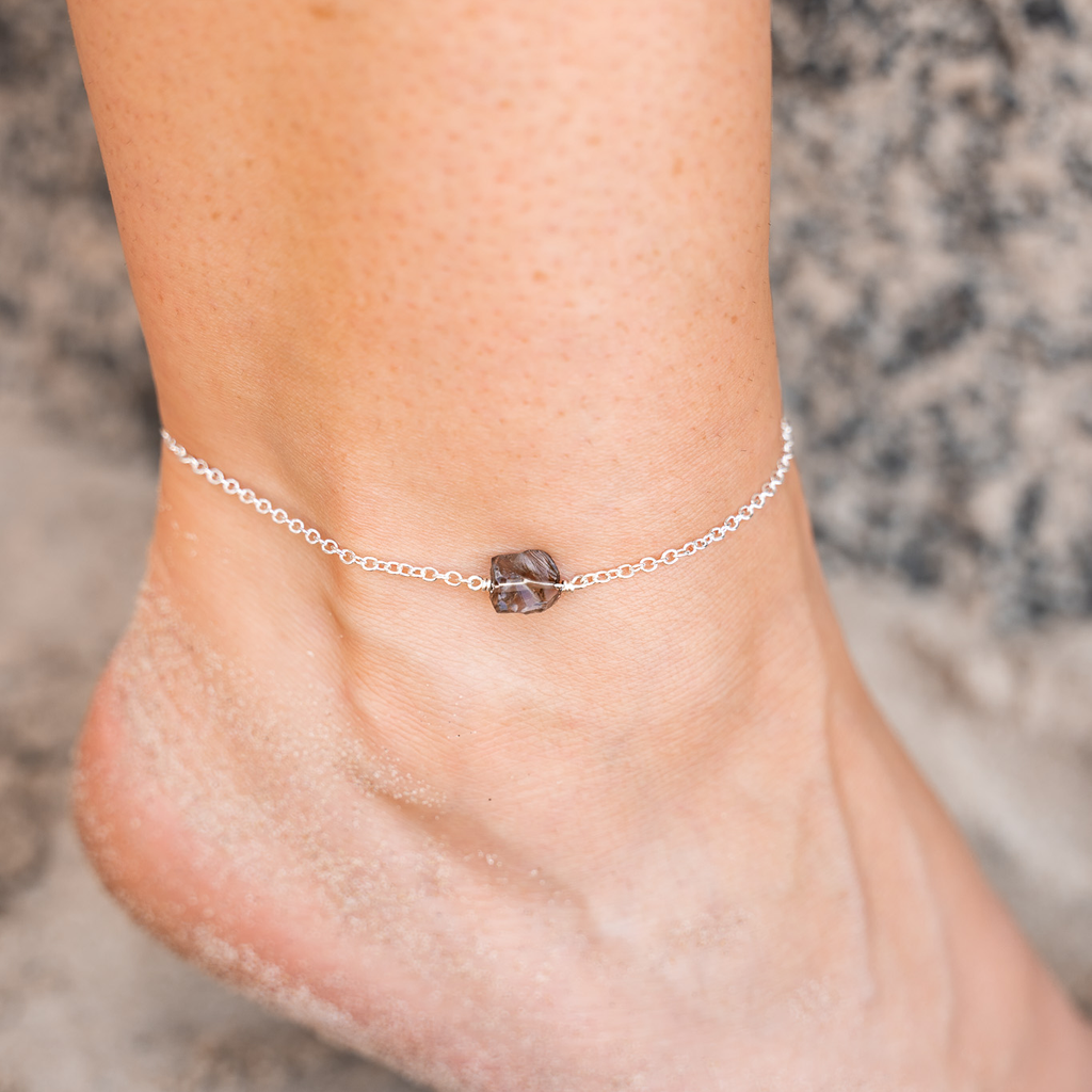 Raw Smoky Quartz Crystal Nugget Anklet - Raw Smoky Quartz Crystal Nugget Anklet - Sterling Silver - Luna Tide Handmade Crystal Jewellery