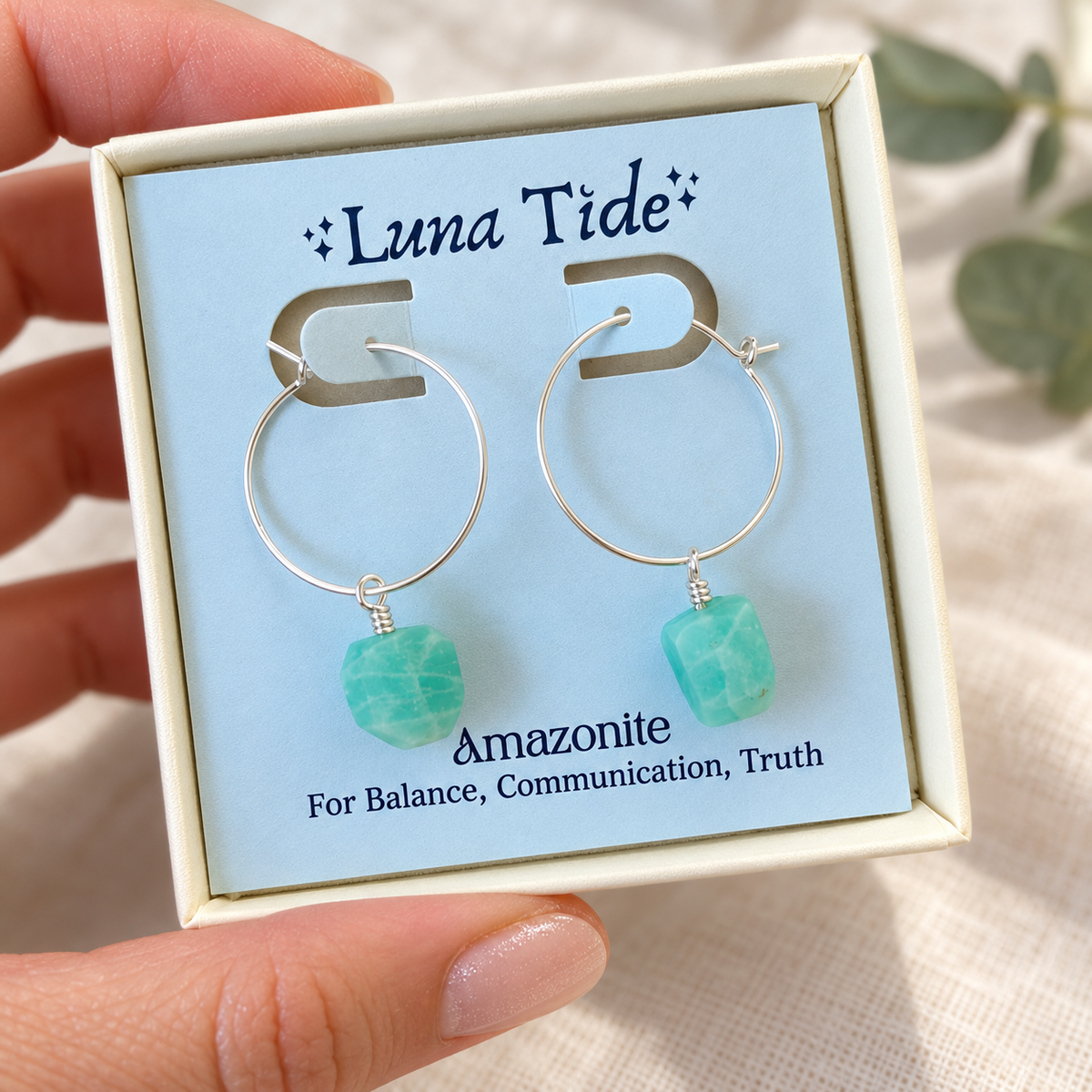 Raw Amazonite Gemstone Dangle Hoop Earrings
