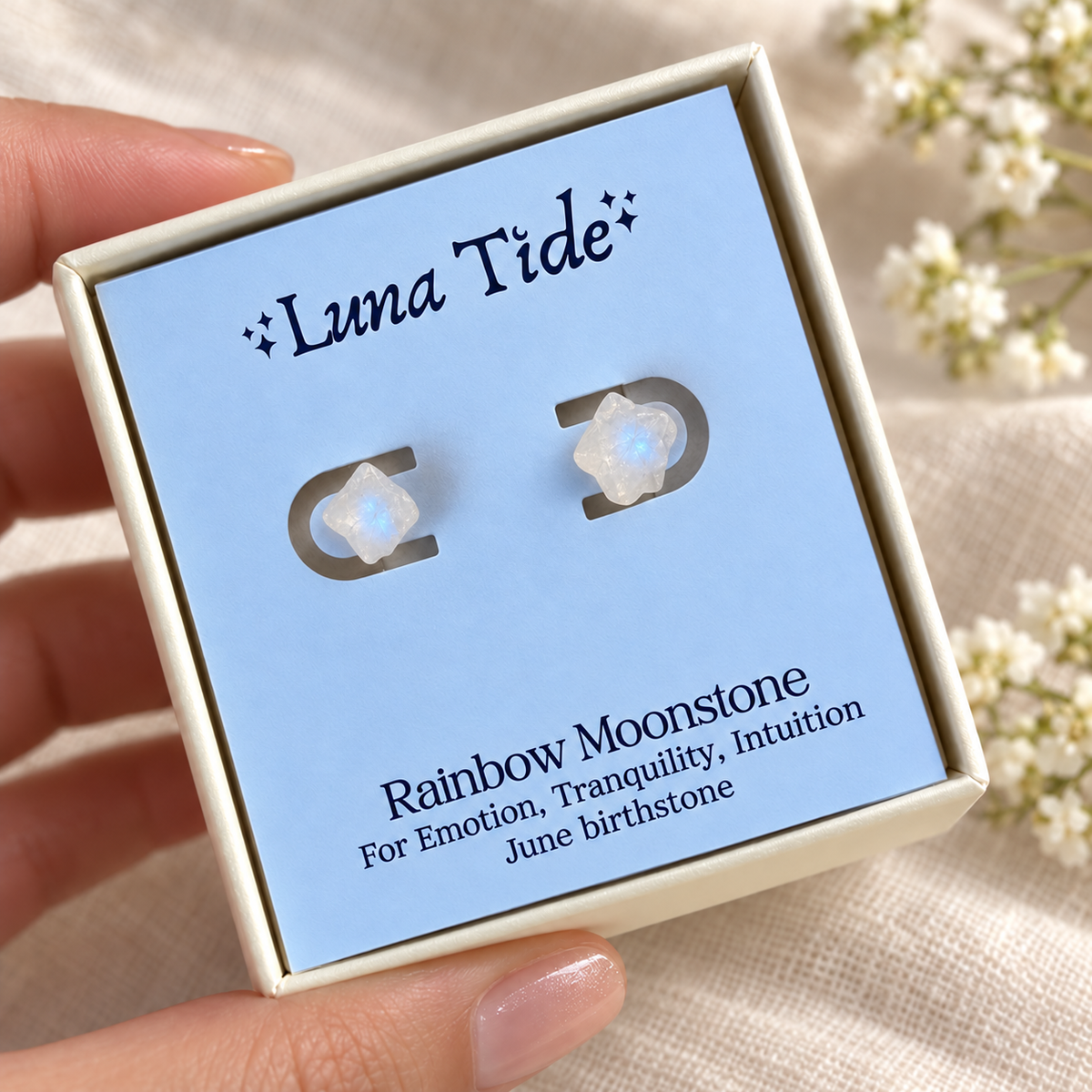 Rainbow Moonstone Raw Crystal Stud Earrings