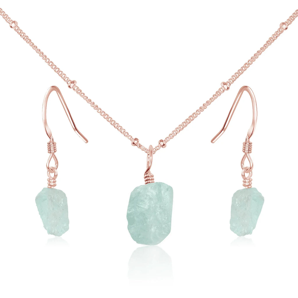 Raw Aquamarine Crystal Jewellery Set - Raw Aquamarine Crystal Jewellery Set - 14k Rose Gold Fill / Satellite / Necklace & Earrings - Luna Tide Handmade Crystal Jewellery