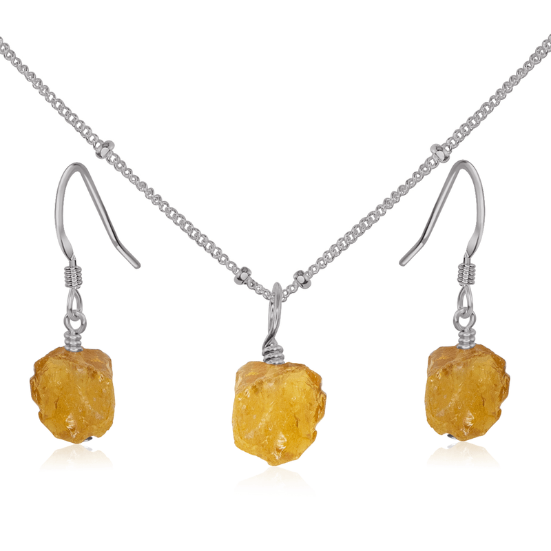 Raw Citrine Crystal Earrings & Necklace Set