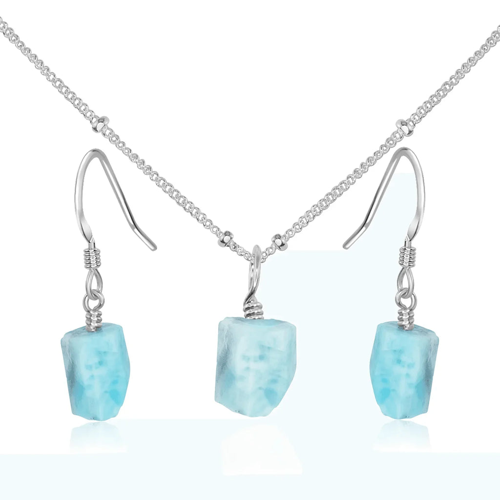 Raw Larimar Crystal Jewellery Set - Raw Larimar Crystal Jewellery Set - Sterling Silver / Satellite / Necklace & Earrings - Luna Tide Handmade Crystal Jewellery