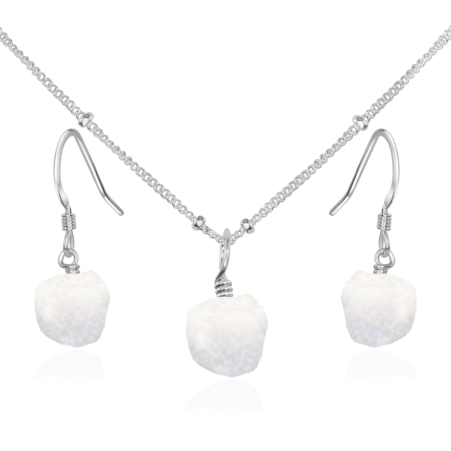 Raw Rainbow Moonstone Crystal Earrings & Necklace Set - Raw Rainbow Moonstone Crystal Earrings & Necklace Set - Sterling Silver / Satellite - Luna Tide Handmade Crystal Jewellery
