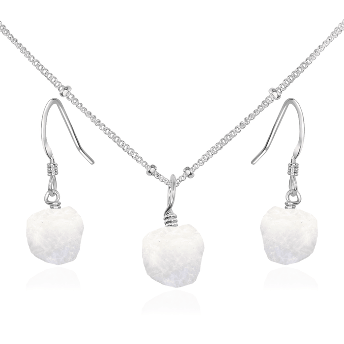 Raw Rainbow Moonstone Crystal Earrings & Necklace Set - Raw Rainbow Moonstone Crystal Earrings & Necklace Set - Sterling Silver / Satellite - Luna Tide Handmade Crystal Jewellery