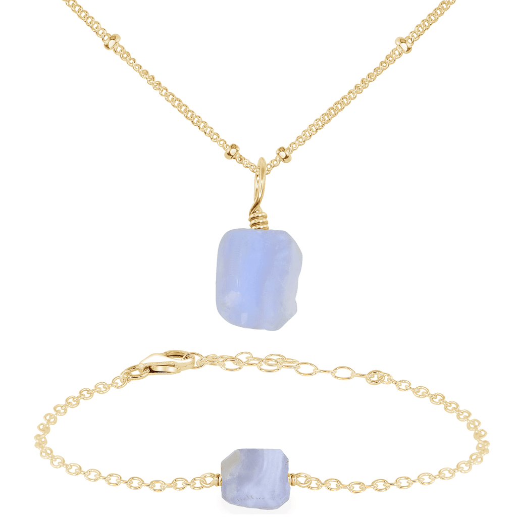Raw Blue Lace Agate Crystal Jewellery Set - Raw Blue Lace Agate Crystal Jewellery Set - 14k Gold Fill / Satellite / Necklace & Bracelet - Luna Tide Handmade Crystal Jewellery