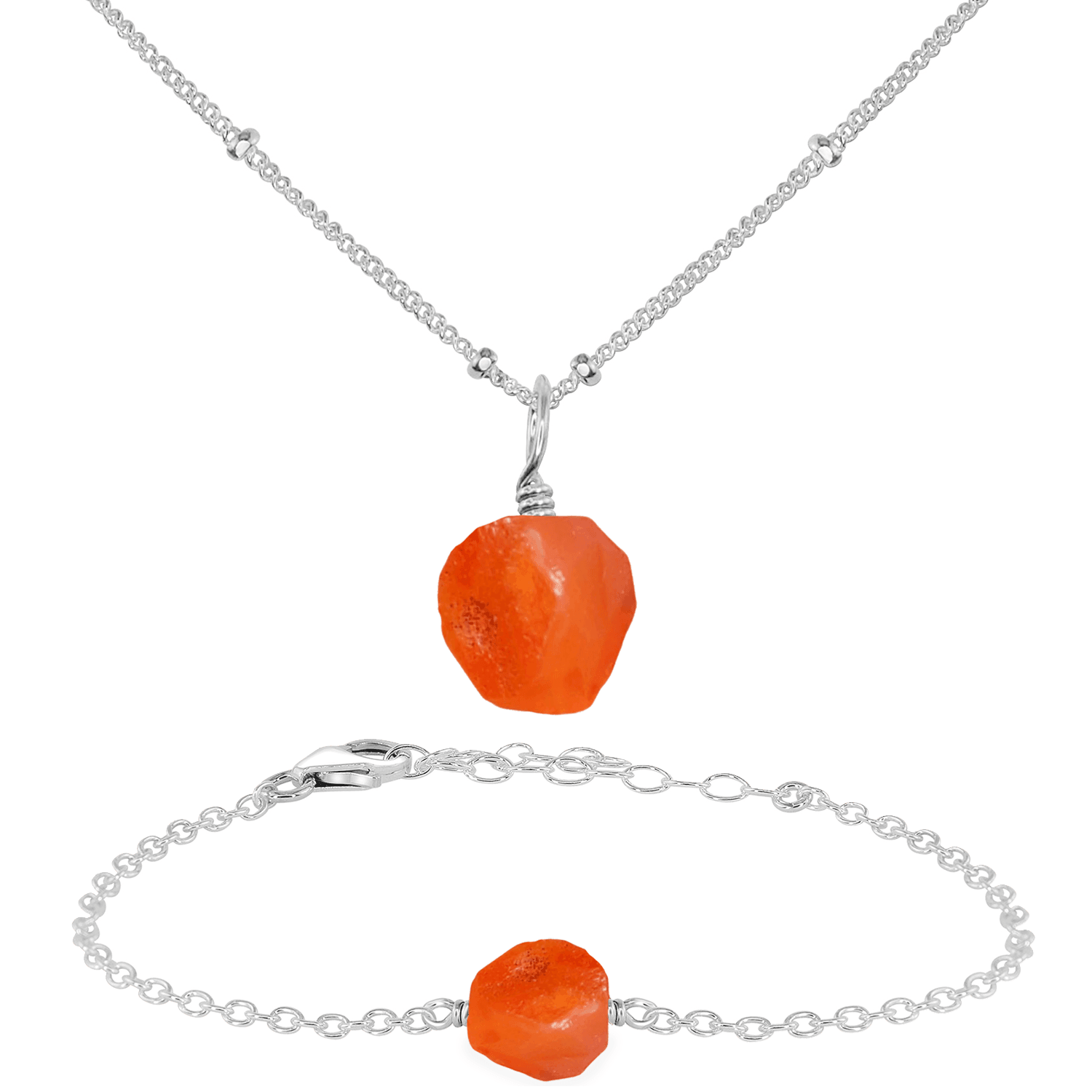 Raw Carnelian Crystal Jewellery Set - Raw Carnelian Crystal Jewellery Set - Sterling Silver / Satellite / Necklace & Bracelet - Luna Tide Handmade Crystal Jewellery