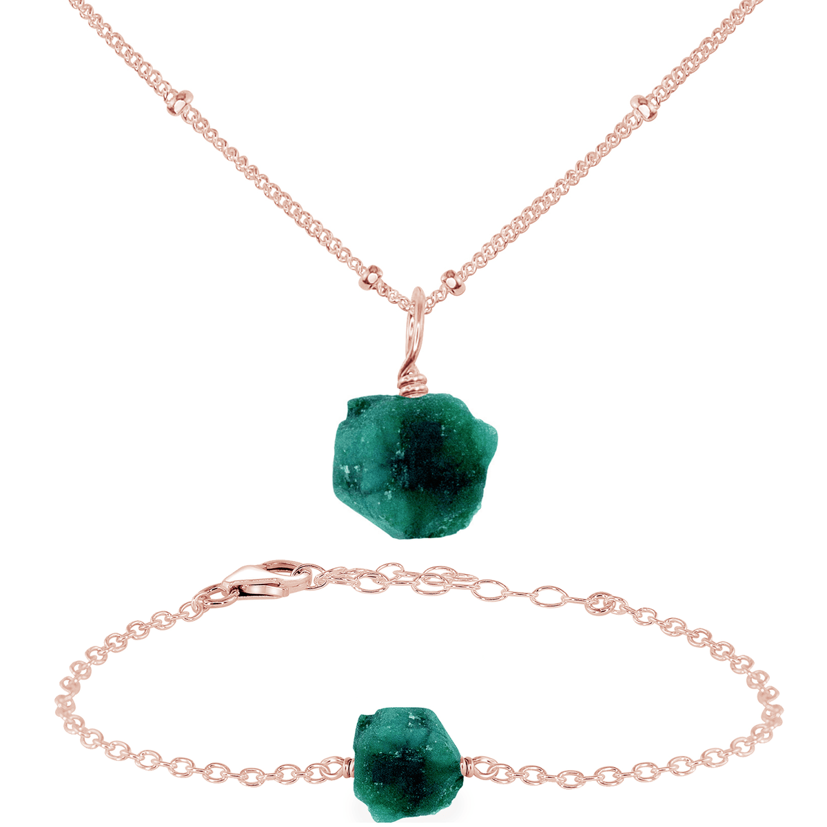Raw Emerald Crystal Jewellery Set - Raw Emerald Crystal Jewellery Set - 14k Rose Gold Fill / Satellite / Necklace & Bracelet - Luna Tide Handmade Crystal Jewellery