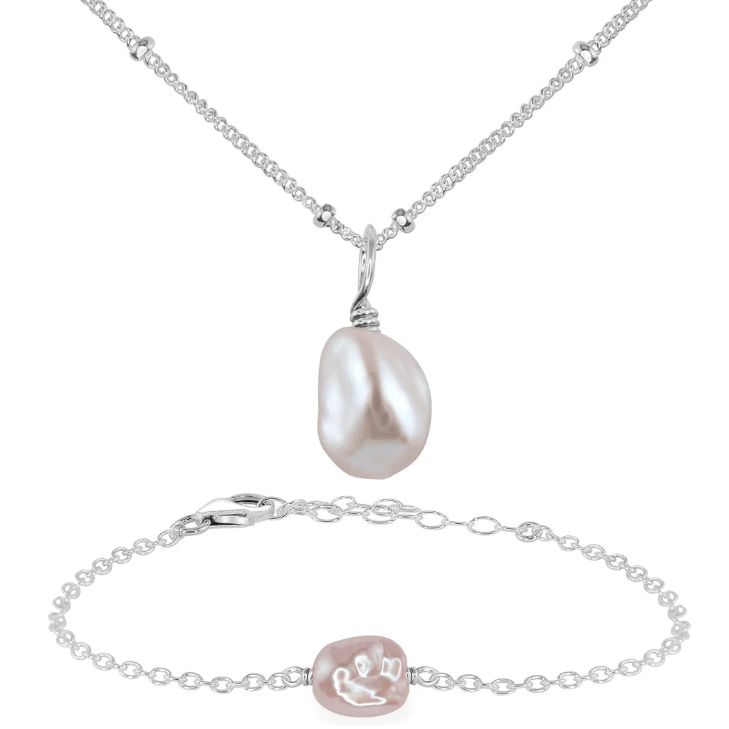 Raw Freshwater Pearl Jewellery Set - Raw Freshwater Pearl Jewellery Set - Sterling Silver / Satellite / Necklace & Bracelet - Luna Tide Handmade Crystal Jewellery
