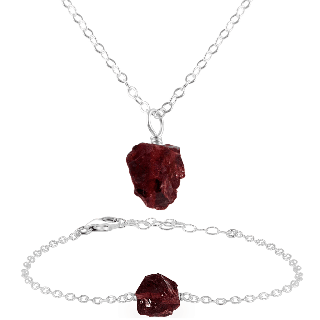 Raw Garnet Crystal Jewellery Set - Raw Garnet Crystal Jewellery Set - Sterling Silver / Cable / Necklace & Bracelet - Luna Tide Handmade Crystal Jewellery