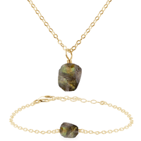 Raw Labradorite Crystal Jewellery Set - Raw Labradorite Crystal Jewellery Set - 14k Gold Fill / Cable / Necklace & Bracelet - Luna Tide Handmade Crystal Jewellery