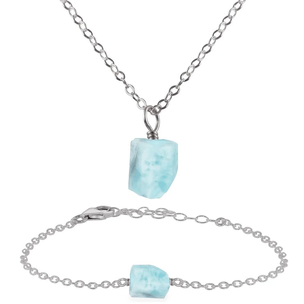 Raw Larimar Crystal Jewellery Set - Raw Larimar Crystal Jewellery Set - Stainless Steel / Cable / Necklace & Bracelet - Luna Tide Handmade Crystal Jewellery