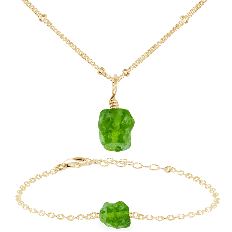 Raw Peridot Crystal Jewellery Set - Raw Peridot Crystal Jewellery Set - 14k Gold Fill / Satellite / Necklace & Bracelet - Luna Tide Handmade Crystal Jewellery
