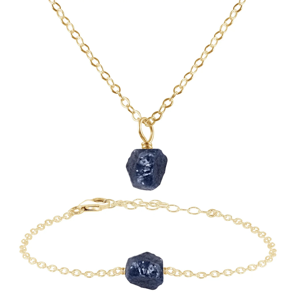 Raw Sapphire Crystal Jewellery Set - Raw Sapphire Crystal Jewellery Set - 14k Gold Fill / Cable / Necklace & Bracelet - Luna Tide Handmade Crystal Jewellery