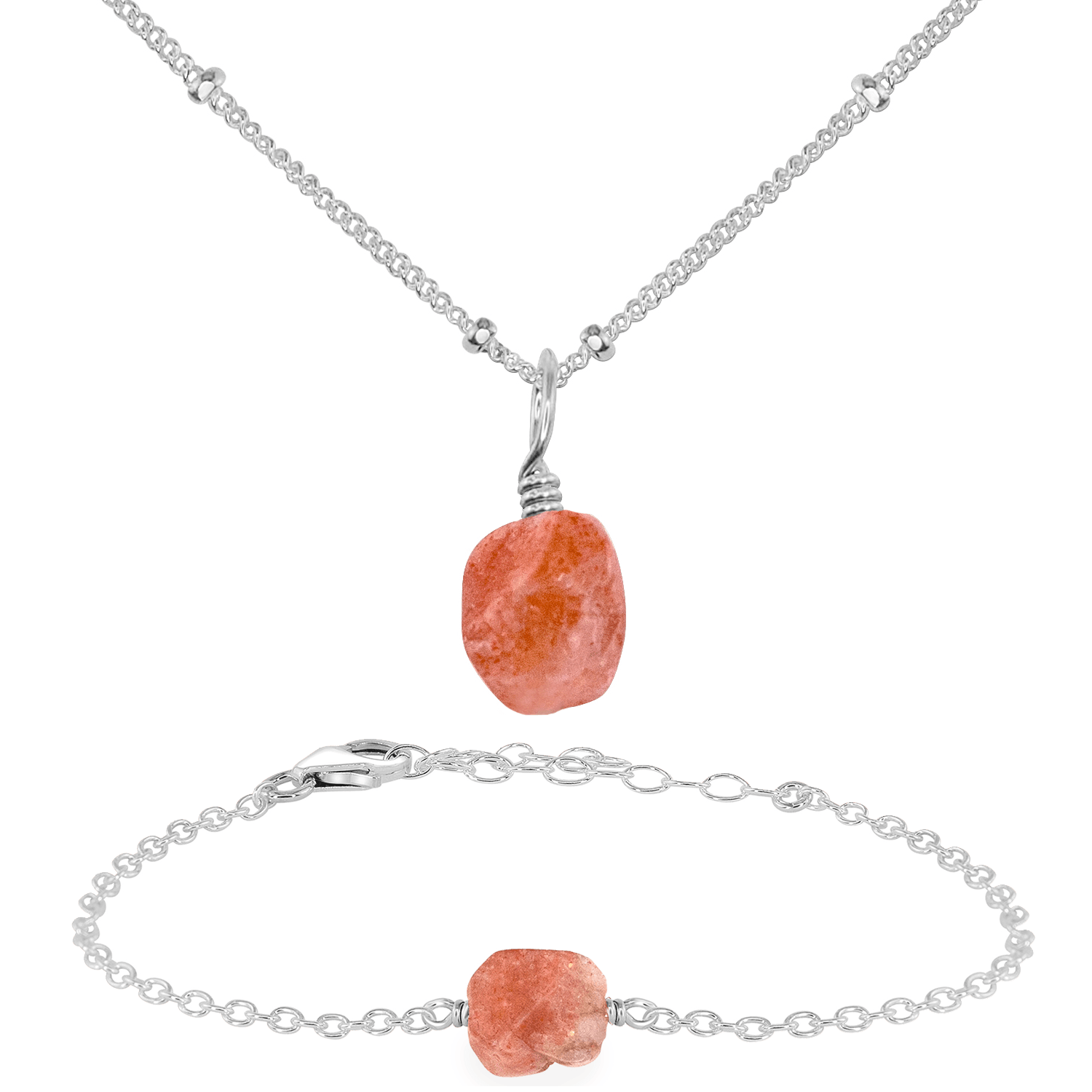 Raw Sunstone Crystal Jewellery Set - Raw Sunstone Crystal Jewellery Set - Sterling Silver / Satellite / Necklace & Bracelet - Luna Tide Handmade Crystal Jewellery