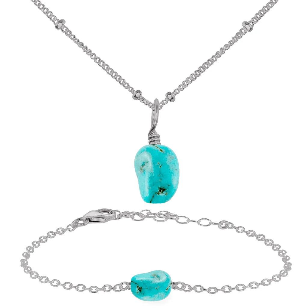 Raw Turquoise Crystal Jewellery Set - Raw Turquoise Crystal Jewellery Set - Stainless Steel / Satellite / Necklace & Bracelet - Luna Tide Handmade Crystal Jewellery