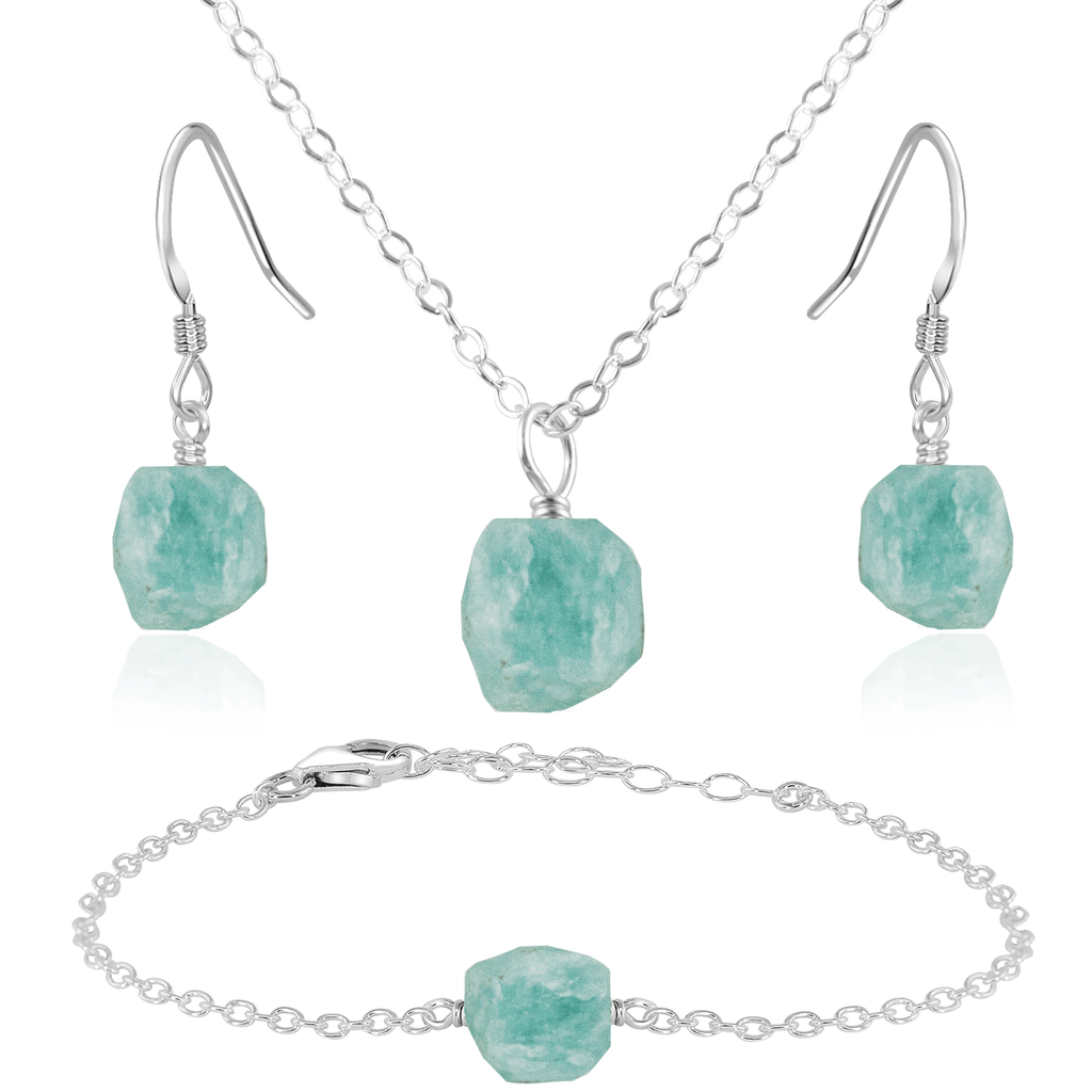 Raw Amazonite Crystal Jewellery Set - Raw Amazonite Crystal Jewellery Set - Sterling Silver / Cable / Necklace & Earrings & Bracelet - Luna Tide Handmade Crystal Jewellery