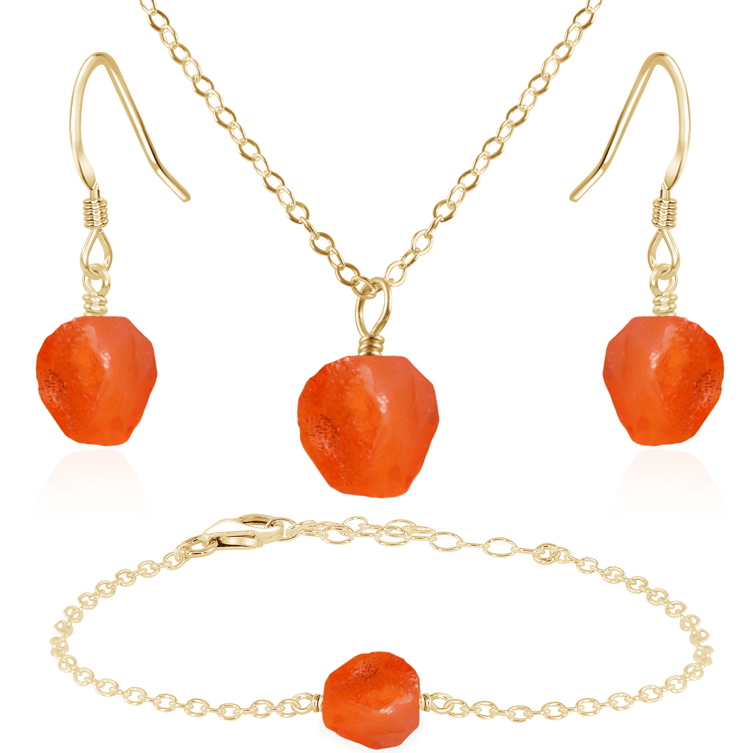 Raw Carnelian Crystal Jewellery Set - Raw Carnelian Crystal Jewellery Set - 14k Gold Fill / Cable / Necklace & Earrings & Bracelet - Luna Tide Handmade Crystal Jewellery