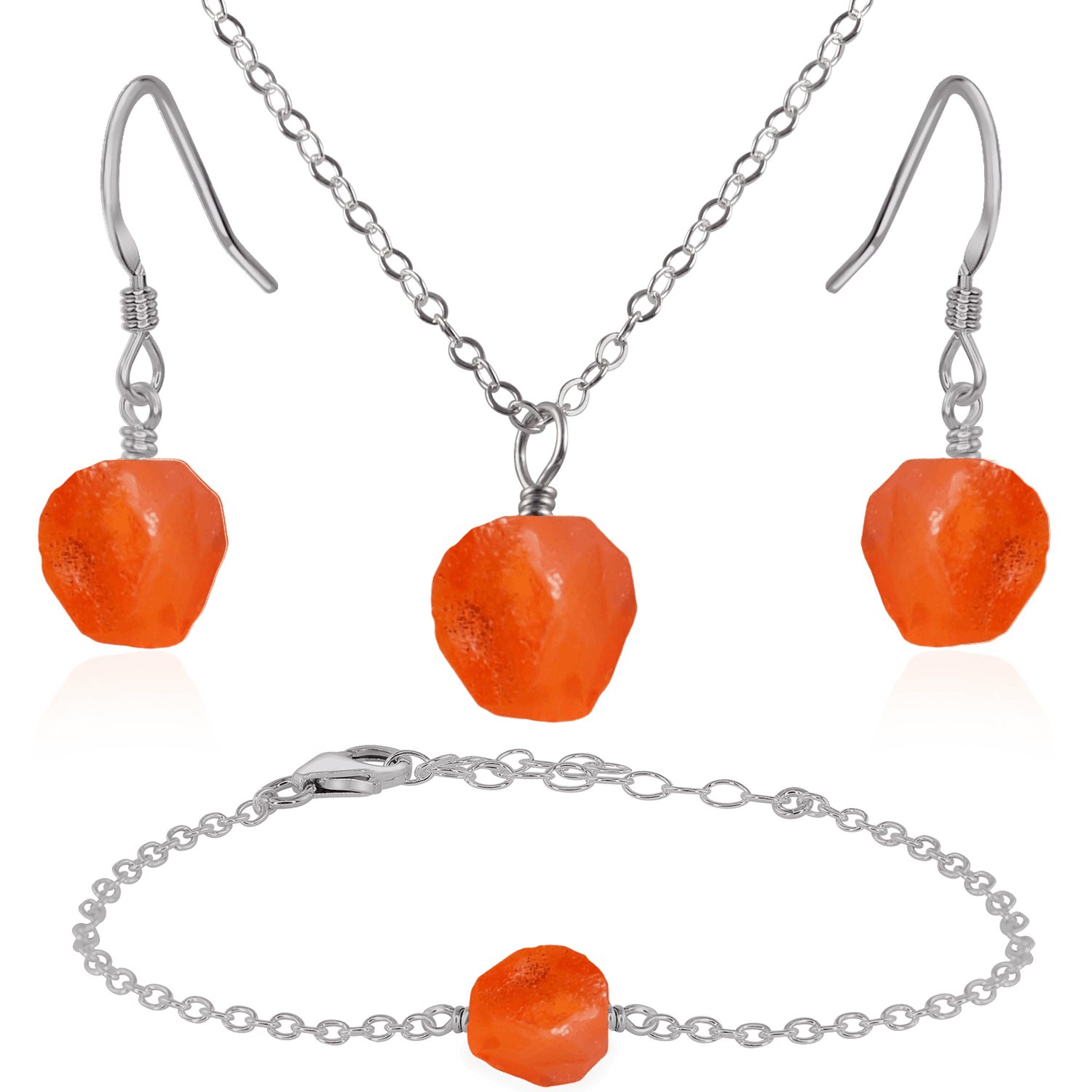 Raw Carnelian Crystal Jewellery Set - Raw Carnelian Crystal Jewellery Set - Stainless Steel / Cable / Necklace & Earrings & Bracelet - Luna Tide Handmade Crystal Jewellery