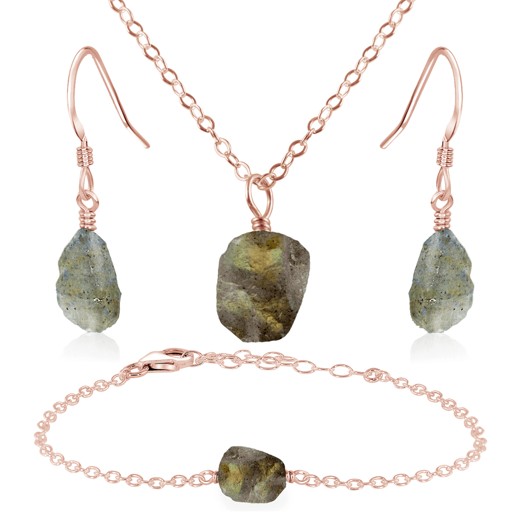 Raw Labradorite Crystal Jewellery Set - Raw Labradorite Crystal Jewellery Set - 14k Rose Gold Fill / Cable / Necklace & Earrings & Bracelet - Luna Tide Handmade Crystal Jewellery