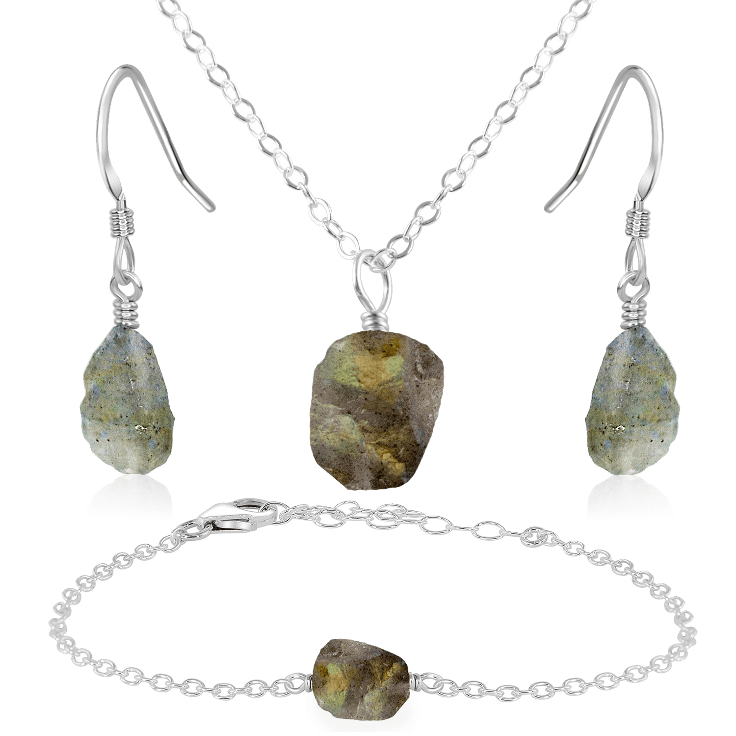 Raw Labradorite Crystal Jewellery Set - Raw Labradorite Crystal Jewellery Set - Sterling Silver / Cable / Necklace & Earrings & Bracelet - Luna Tide Handmade Crystal Jewellery