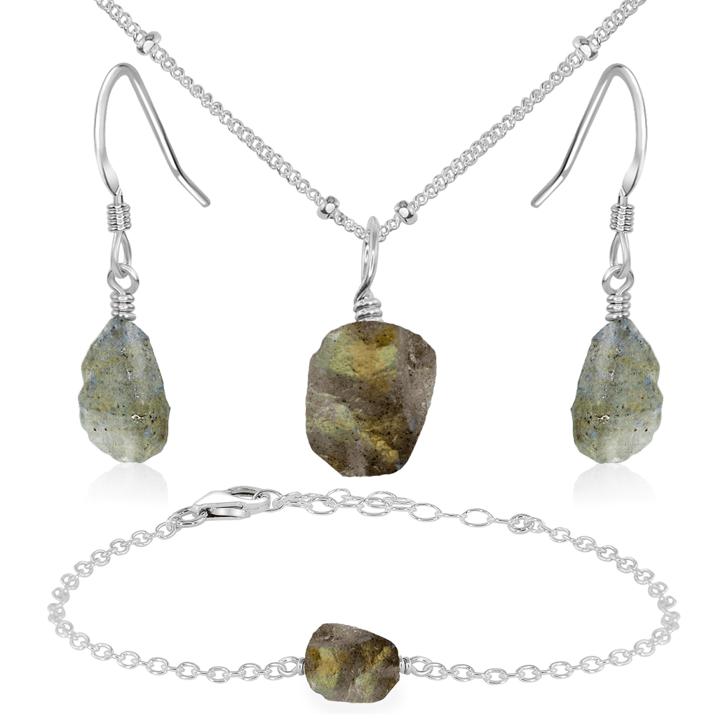 Raw Labradorite Crystal Jewellery Set - Raw Labradorite Crystal Jewellery Set - Sterling Silver / Satellite / Necklace & Earrings & Bracelet - Luna Tide Handmade Crystal Jewellery