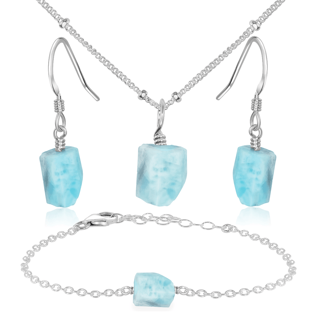 Raw Larimar Crystal Jewellery Set - Raw Larimar Crystal Jewellery Set - Sterling Silver / Satellite / Necklace & Earrings & Bracelet - Luna Tide Handmade Crystal Jewellery
