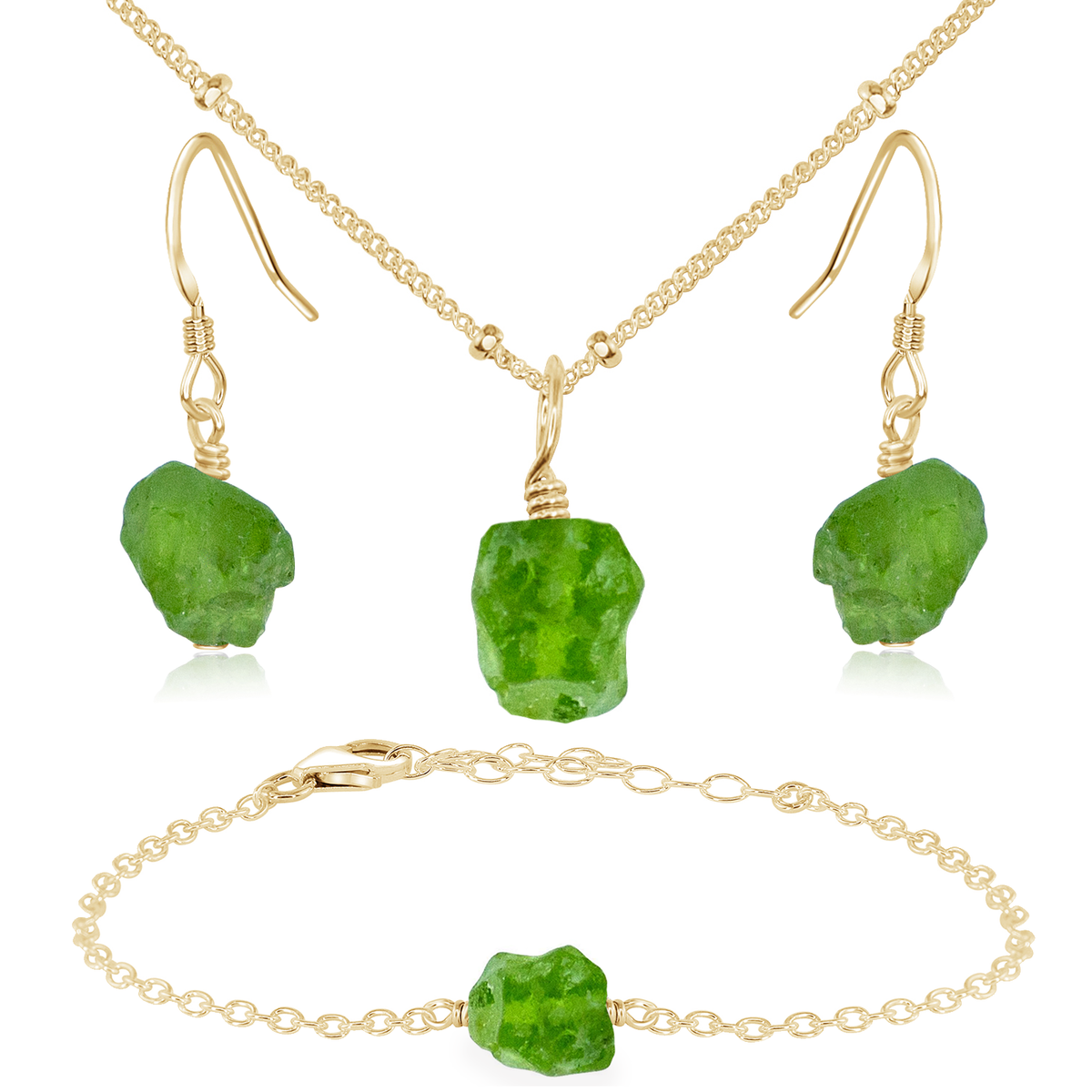 Raw Peridot Crystal Jewellery Set - Raw Peridot Crystal Jewellery Set - 14k Gold Fill / Satellite / Necklace & Earrings & Bracelet - Luna Tide Handmade Crystal Jewellery