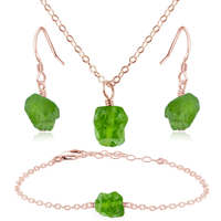 Raw Peridot Crystal Jewellery Set - Raw Peridot Crystal Jewellery Set - 14k Rose Gold Fill / Cable / Necklace & Earrings & Bracelet - Luna Tide Handmade Crystal Jewellery