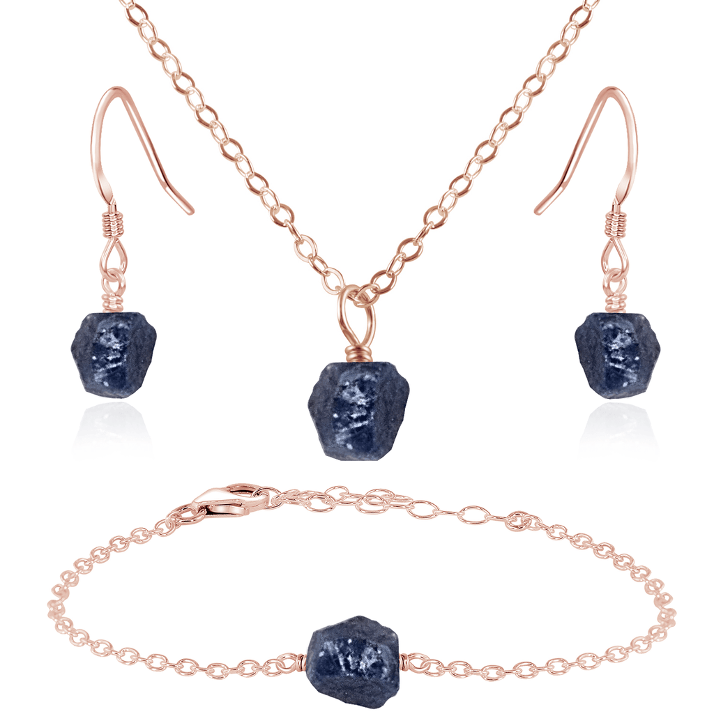 Raw Sapphire Crystal Jewellery Set - Raw Sapphire Crystal Jewellery Set - 14k Rose Gold Fill / Cable / Necklace & Earrings & Bracelet - Luna Tide Handmade Crystal Jewellery