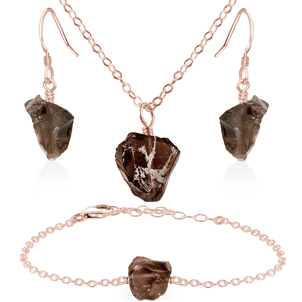 Raw Smoky Quartz Crystal Jewellery Set - Raw Smoky Quartz Crystal Jewellery Set - 14k Rose Gold Fill / Cable / Necklace & Earrings & Bracelet - Luna Tide Handmade Crystal Jewellery
