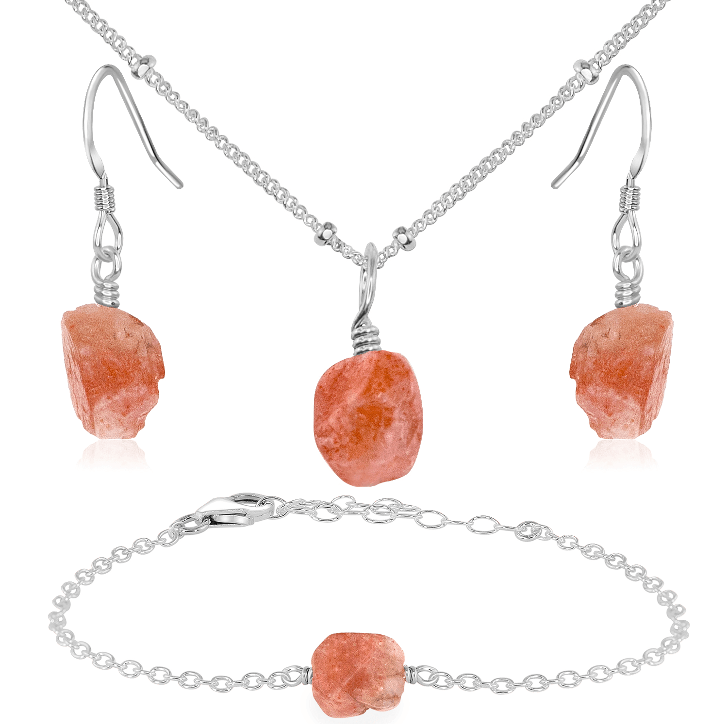 Raw Sunstone Crystal Jewellery Set - Raw Sunstone Crystal Jewellery Set - Sterling Silver / Satellite / Necklace & Earrings & Bracelet - Luna Tide Handmade Crystal Jewellery