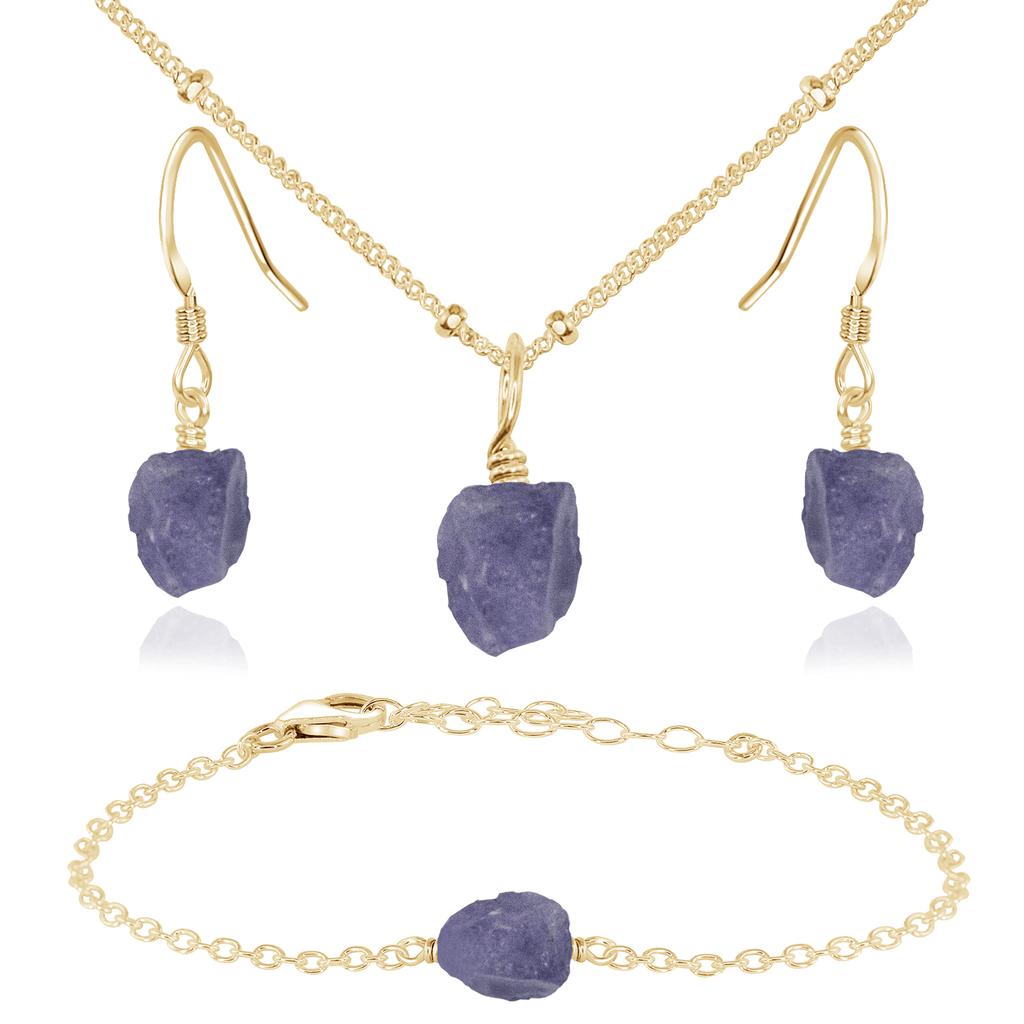 Raw Tanzanite Crystal Jewellery Set - Raw Tanzanite Crystal Jewellery Set - 14k Gold Fill / Satellite / Necklace & Earrings & Bracelet - Luna Tide Handmade Crystal Jewellery