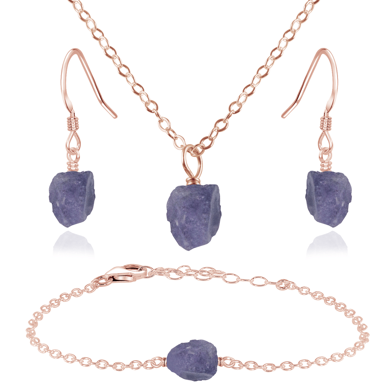 Raw Tanzanite Crystal Jewellery Set - Raw Tanzanite Crystal Jewellery Set - 14k Rose Gold Fill / Cable / Necklace & Earrings & Bracelet - Luna Tide Handmade Crystal Jewellery