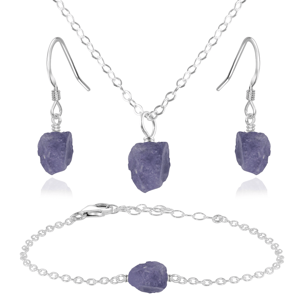 Raw Tanzanite Crystal Jewellery Set - Raw Tanzanite Crystal Jewellery Set - Sterling Silver / Cable / Necklace & Earrings & Bracelet - Luna Tide Handmade Crystal Jewellery