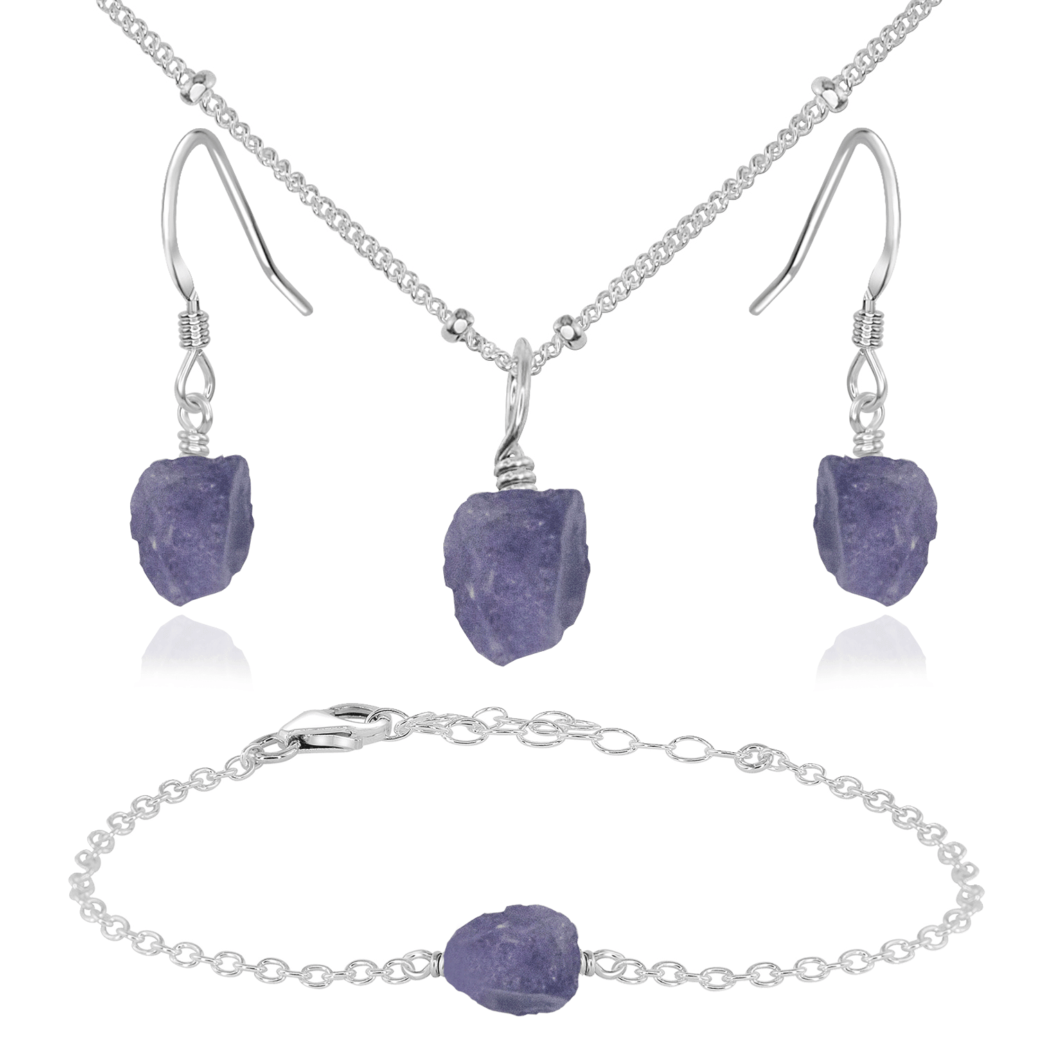 Raw Tanzanite Crystal Jewellery Set - Raw Tanzanite Crystal Jewellery Set - Sterling Silver / Satellite / Necklace & Earrings & Bracelet - Luna Tide Handmade Crystal Jewellery