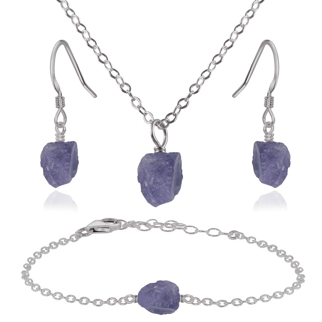 Raw Tanzanite Crystal Jewellery Set - Raw Tanzanite Crystal Jewellery Set - Stainless Steel / Cable / Necklace & Earrings & Bracelet - Luna Tide Handmade Crystal Jewellery