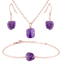 Raw Amethyst Crystal Earrings, Necklace & Bracelet Set