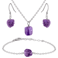 Raw Amethyst Crystal Earrings, Necklace & Bracelet Set