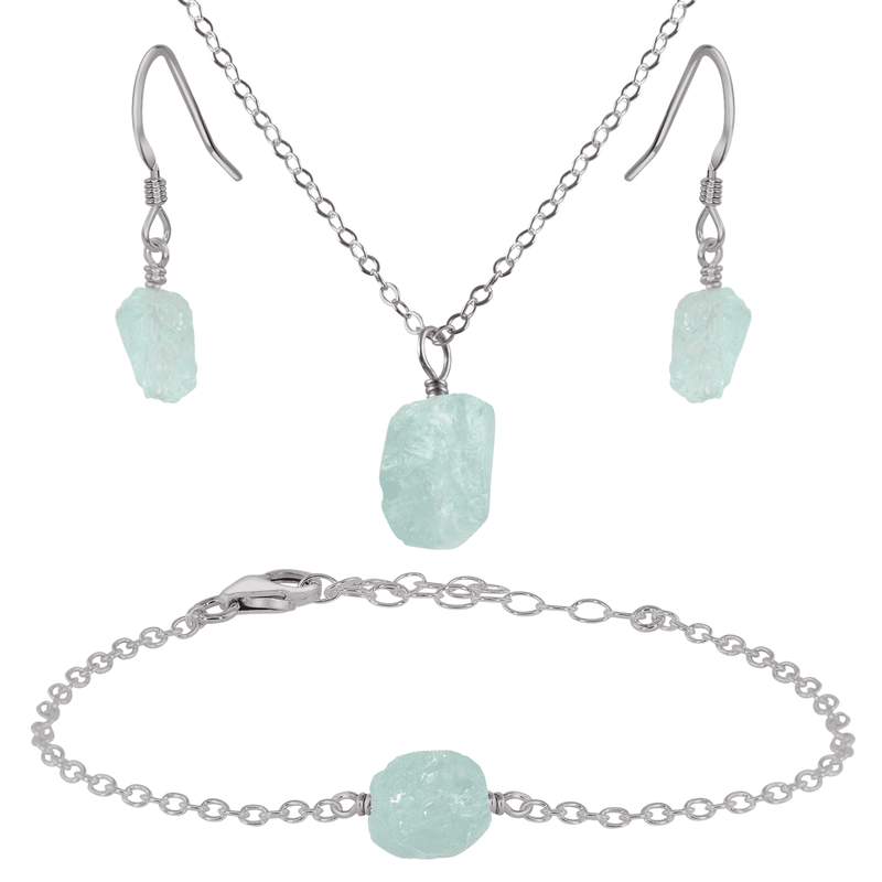 Raw Aquamarine Crystal Earrings, Necklace & Bracelet Set