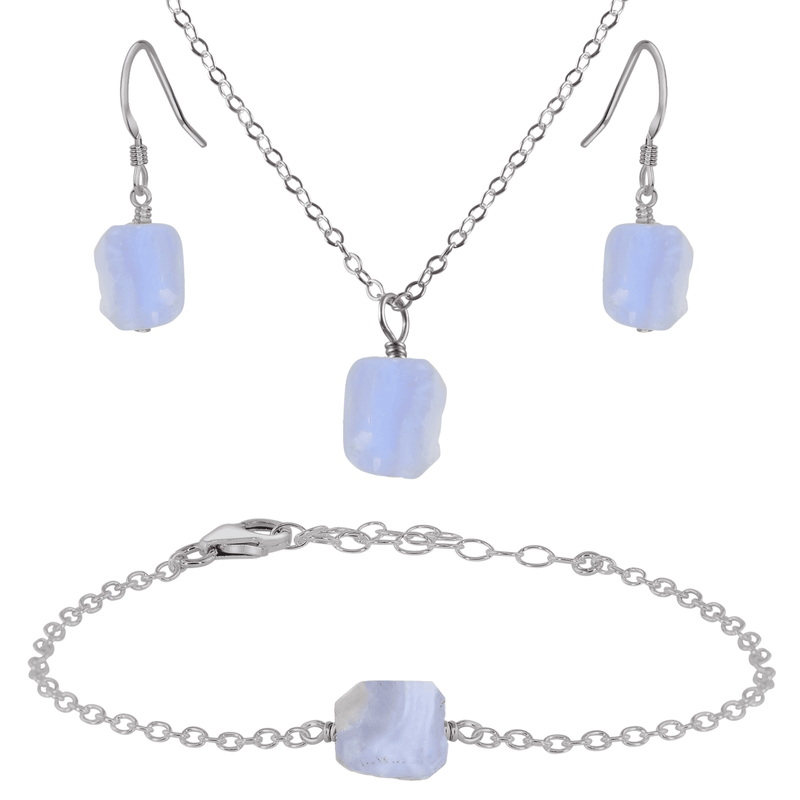 Raw Blue Lace Agate Crystal Earrings, Necklace & Bracelet Set