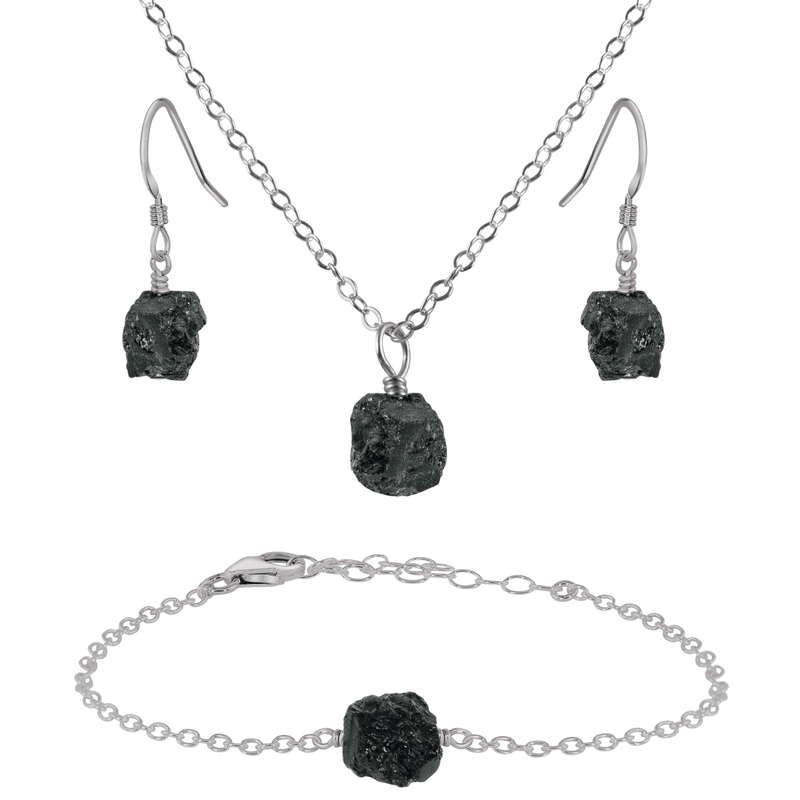 Raw Black Tourmaline Crystal Earrings, Necklace & Bracelet Set
