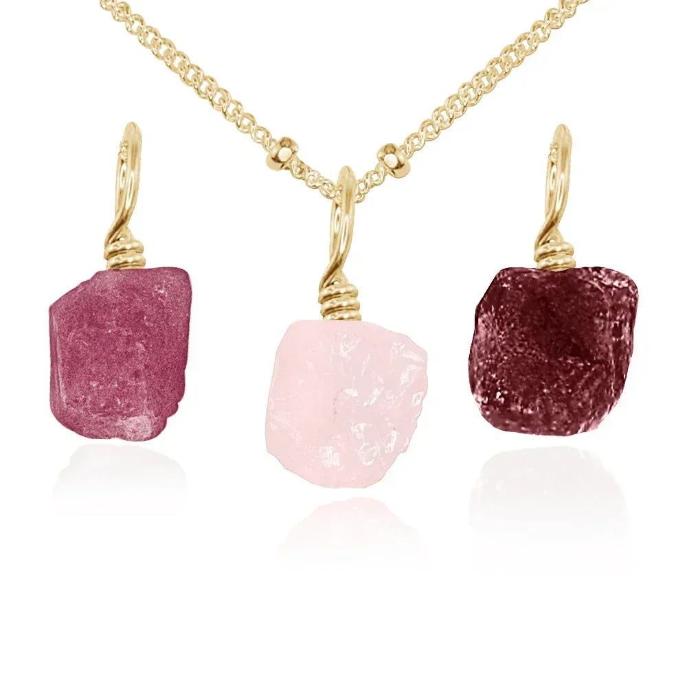 Love & Heart Energy Raw Crystal Pendant Bundle - Love & Heart Energy Raw Crystal Pendant Bundle - 14k Gold Fill / 40cm / 16" Satellite Chain - Luna Tide Handmade Crystal Jewellery