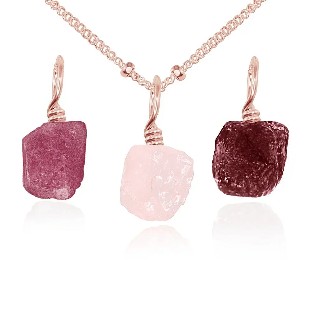 Love & Heart Energy Raw Crystal Pendant Bundle - Love & Heart Energy Raw Crystal Pendant Bundle - 14k Rose Gold Fill / 40cm / 16" Satellite Chain - Luna Tide Handmade Crystal Jewellery