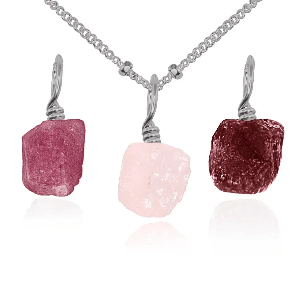 Love & Heart Energy Raw Crystal Pendant Bundle - Love & Heart Energy Raw Crystal Pendant Bundle - Stainless Steel / 40cm / 16" Satellite Chain - Luna Tide Handmade Crystal Jewellery